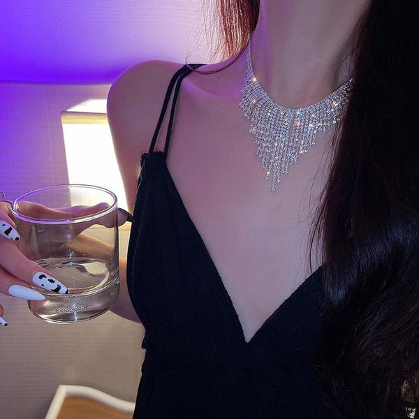 

chokers minar exaggeration full rhinestone necklaces for women geometrical bling long tassel necklace luxury party jewelry, Golden;silver
