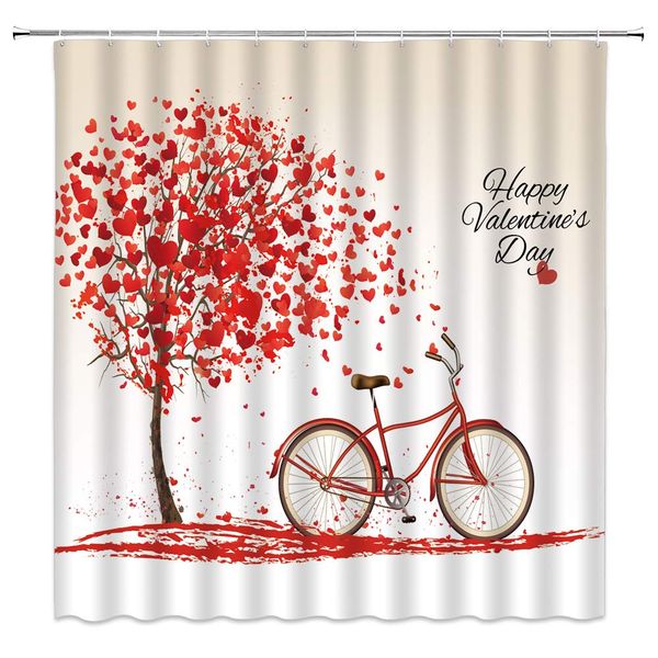 

happy valentine's day shower curtain red heart shaped tree bicycle decor romantic lover fabric bath curtains bathroom