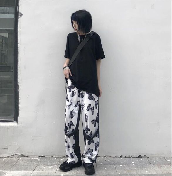 

women's jeans korean retro stitching denim butterfly print casual pants loose high waist straight wide leg women, Blue