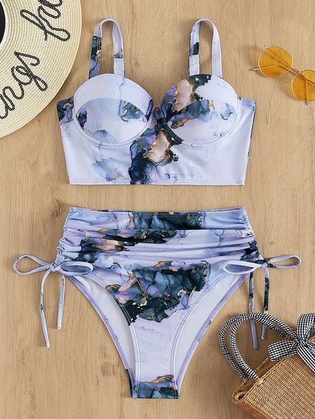 

marble print drawstring push up high waisted bikini swimsuit y2kx#, White;black