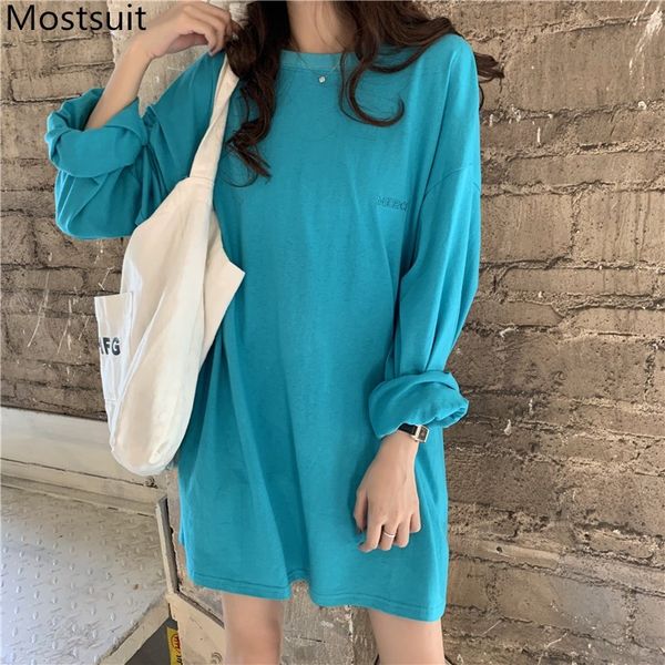 

casual loose t shirt women letters embroidered full sleeve o-neck long tees oversized fashion basic ladies t-shirts 210514, White