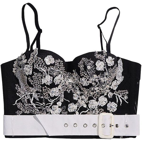 

women's shapers sequin flowers corset bras, waistband fashion 4 fishbones waist training cropped for female, party club vest, Black;white