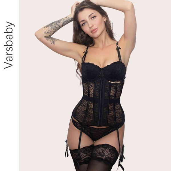 Varsbaby sexy 2 pezzi corsetti in vita + calze slim shapewear vita trainer body donna pizzo nero S M L XL XXL 211112