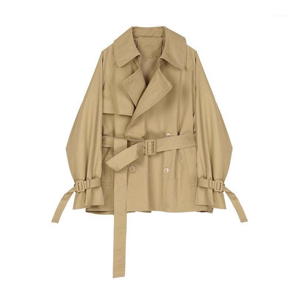 

women's trench coats korean double breasted loose short khaki female coat plus sashes lapel casual long sleeve lace up women windbreake, Tan;black