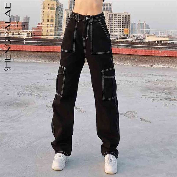 Costura de bolso jeans feminino mola alta cintura reta solta linha aberta feminina calças jeans na moda 5A1189 210427