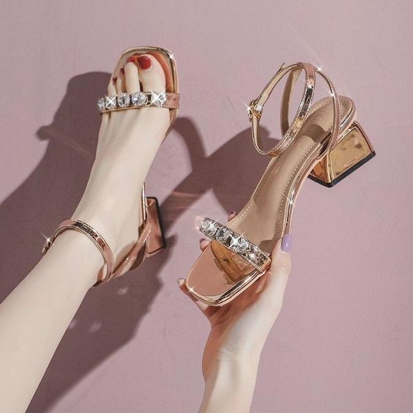 

sandals 2021 black shoes for women block heels med all-match buckle strap beige chunky comfort medium girls high rhinestone