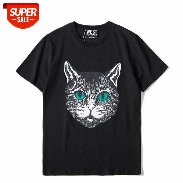 

t shirt summer new men and women trendy brand green eyes big tabby cat print short-sleeved t-shirt loose round neck couple #jm9i, White;black