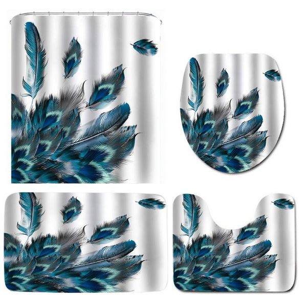 

pcs peacock feathers waterproof bathroom shower curtain toilet cover mat non-slip floor rug set with 12 hooks curtains