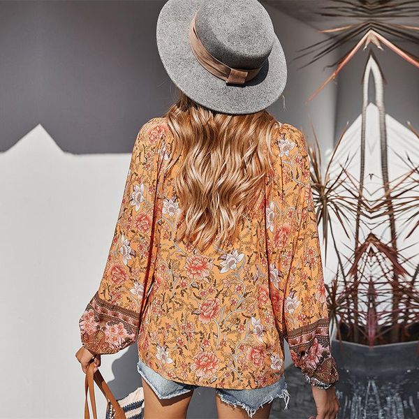 

women's blouses & shirts autumn print blouse women lace up v neck holiday shirt for casual 2021, White