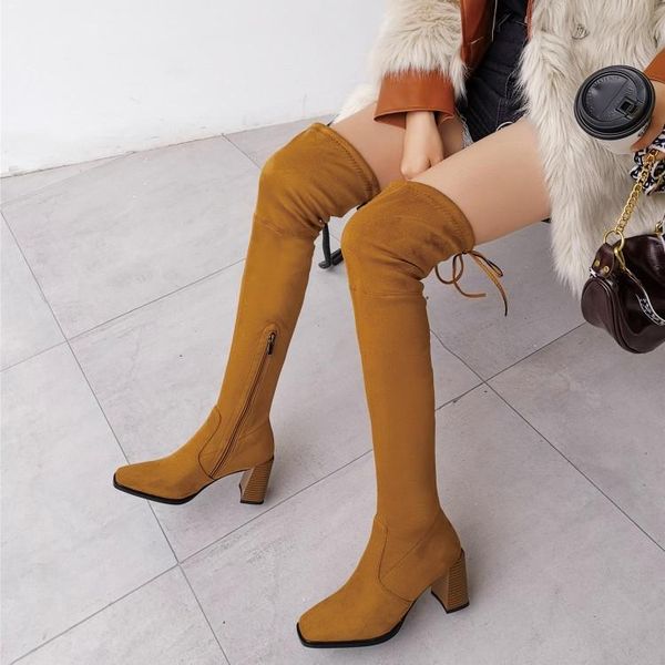

boots 2021 winter autumn women motorcycle stretch lady designer over the knee fashion square high heels shoes s0025, Black
