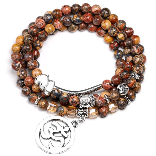 108 Boncuklu Çok Katmanlı Wrap Strands Mala Bilezik Kadın Erkek Lotus OM Buda Ağacı Charm 6mm Kırmızı Leopar Taşlar Yoga Bilezikler