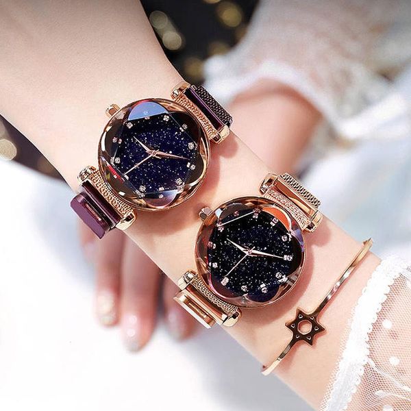 

wristwatches women magnet buckle starry sky diamond watches ladies flower surface stainless steel clock relogio feminino, Slivery;brown