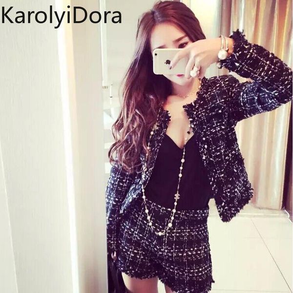 

women's tracksuits suit 2021 spring tweed 2 piece set women slim plaid short fashion fringed trim jacket coat + tassels, Gray