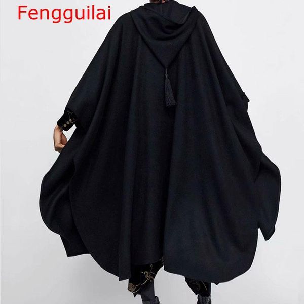 

women's jackets cape women winter capes black open front drawstring hooded gown poncho chic retro gothic woolen warm coats, Black;brown