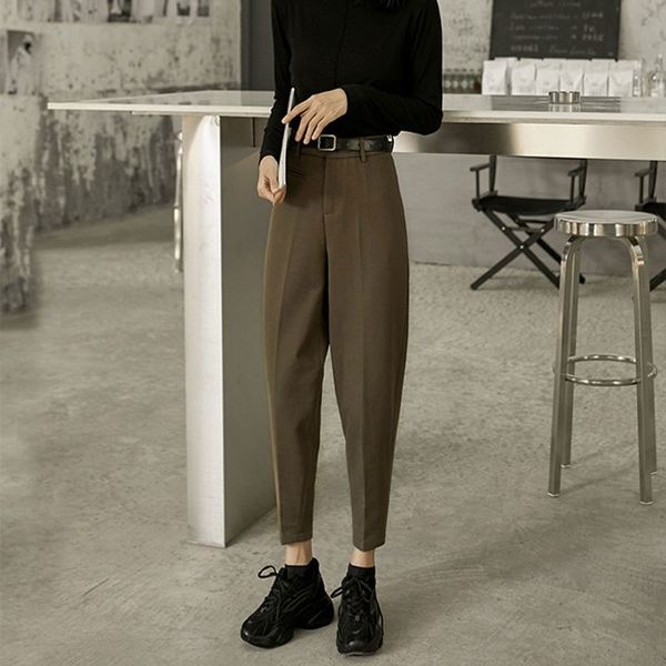 

pants arrival autumn winter korea fashion women high waist loose woolen all-matched casual solid harem pants femme v141 qz19, Black;white