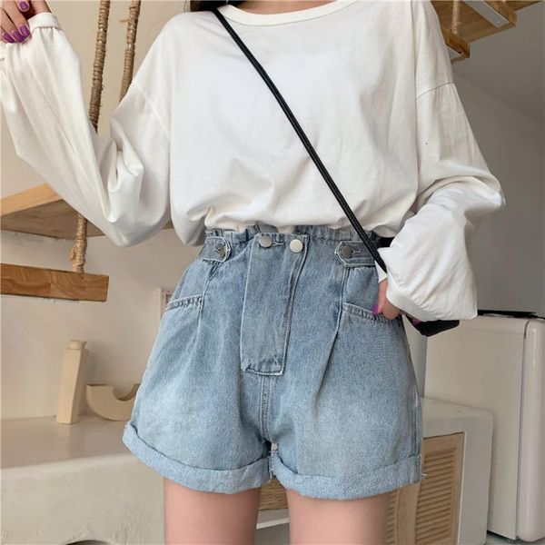 

women's jeans korean version of the summer elastic waist was thin and wild wide leg curl denim shorts, Blue