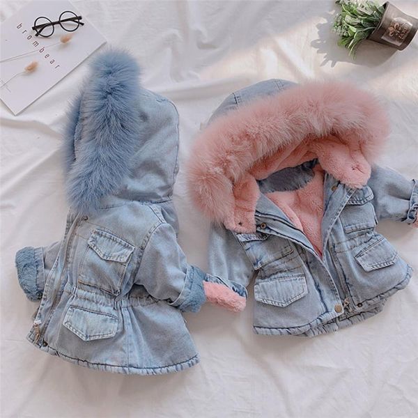 

coat jean jacket kids toddler baby girls jackets fashion hooded faux fur fleece clothes keep warm thicken soft denim outwear, Blue;gray