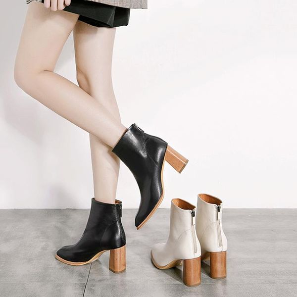 

boots 2021 vallu winter boot shoes women ankle warm genuine leather square toes zipper high heel ladies white/black
