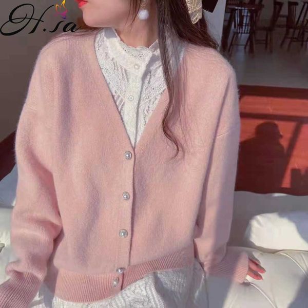 

h.sa cashmere sweater women knitted cardigan women's pink candy color pearl button up sweater coat v neck outerwear women 210716, White;black