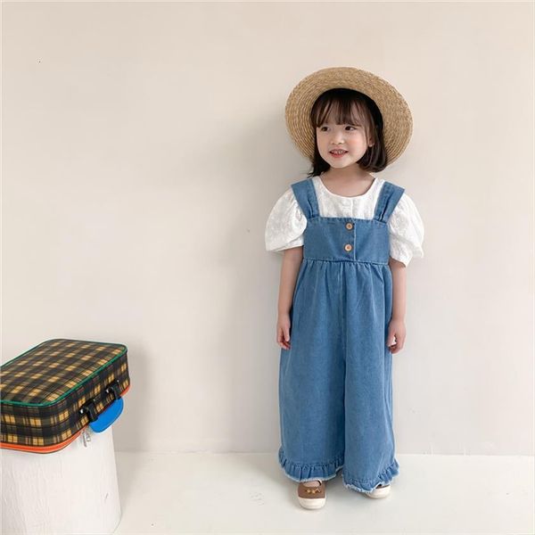 

spring autumn korean style girls fashion wide leg ruffles denim overalls kids oversized loose suspender trousers, Blue
