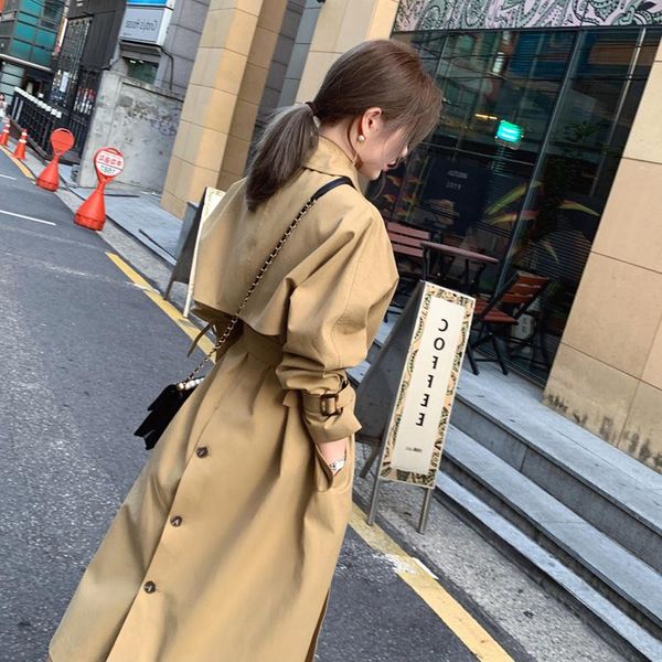 

women's trench coats [ewq] korea chic khaki coat women's autumn 2021 laple loose lace up waist double breasted long sleeve windbrea, Tan;black