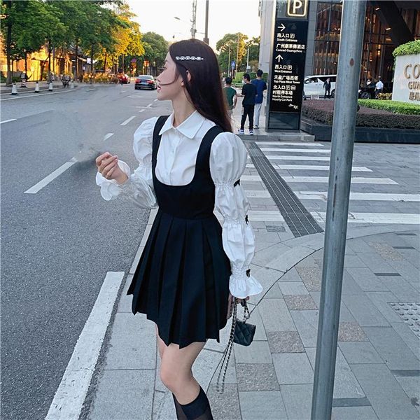 

casual dresses anti-aging fashion suit women's spring and autumn 2021 small shirt vest dress two-piece, Black;gray