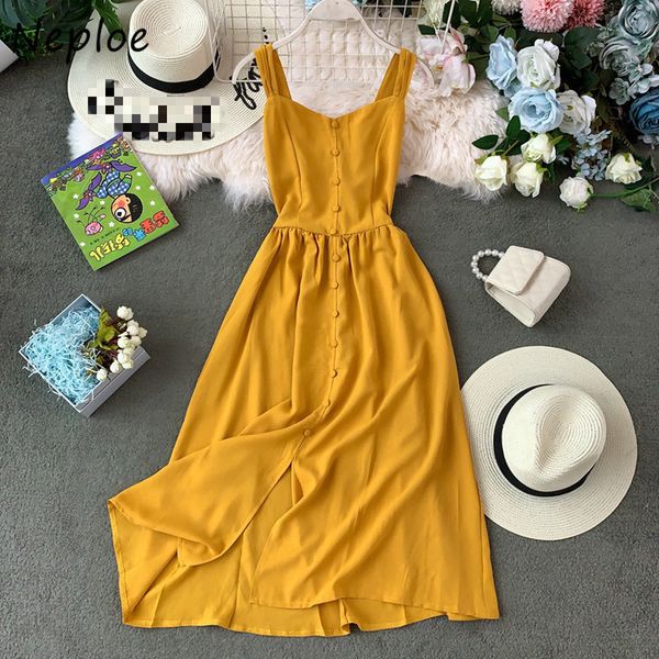 

neploe chic button camis high waist femme dress retro elegant shoulder strapless vestidos a-line v-neck slim waist dresses women 210422, Black;gray