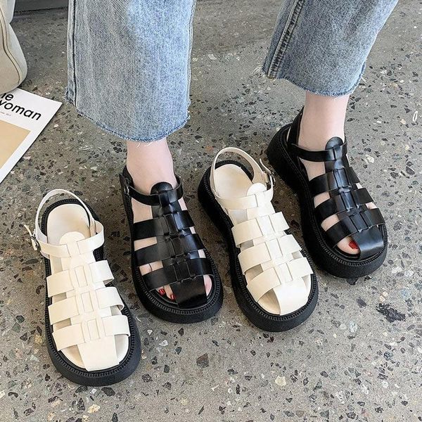 

sandals lisapie women fashion roman 2021 summer casual leather slippers 4.5cm high heels falts paltform shoes, Black