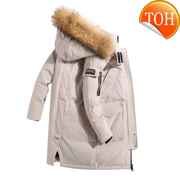 

new winter fake fur collar hooded warm down jackets men 60% white duck pockets thicken overcoat fashion long coats clothes, Black