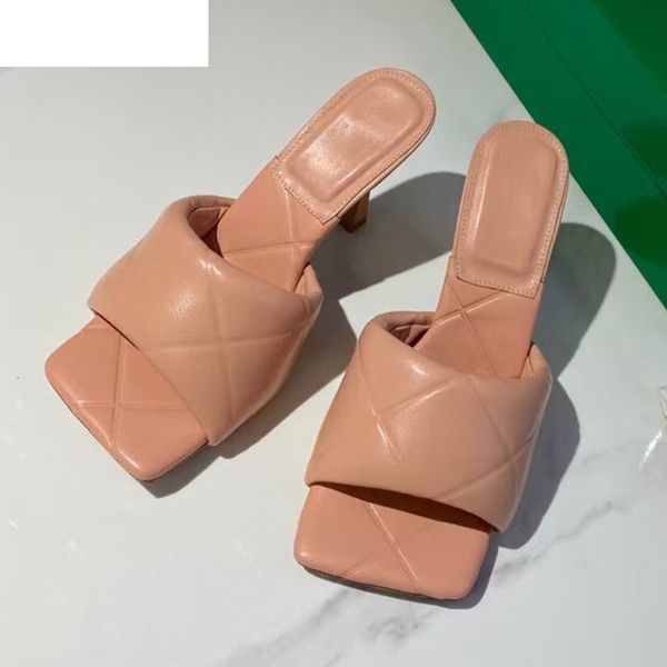 

sandals square open toe high heel slippers women lozenge genuine leather candy color summer party dress shoes for ladies syxk, Black