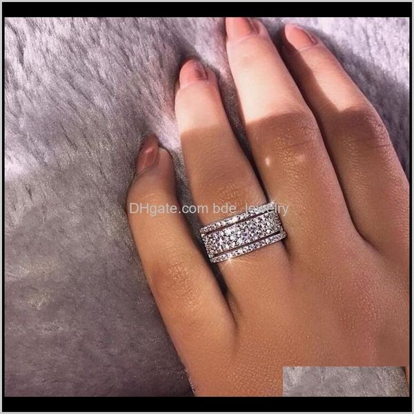 Anéis de luxo jóias reais 925 sterling sier pavimentar branco safira cz diamante minúsculo gemstones partido mulheres mulheres casamento banda anel gota entregar