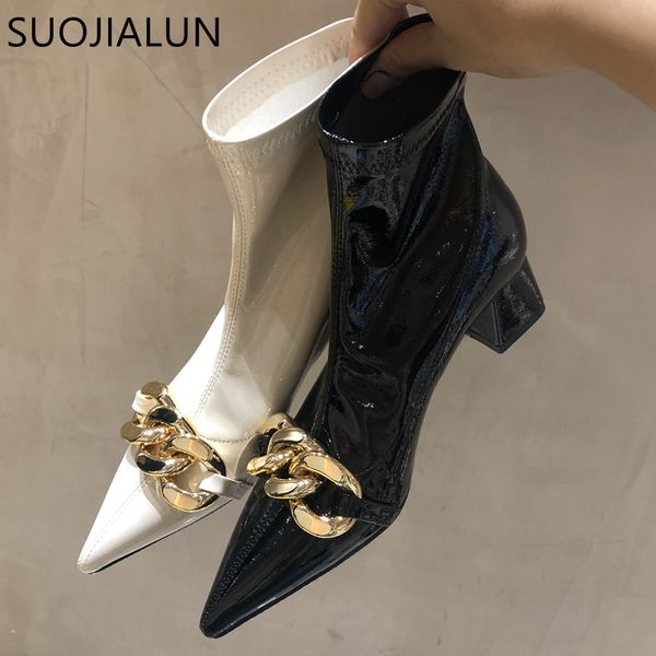 

2021 new brand women high heels ankle boots fashion gold chain pointed toe short boots slip on elastic chelsea boot dress shoes, Black