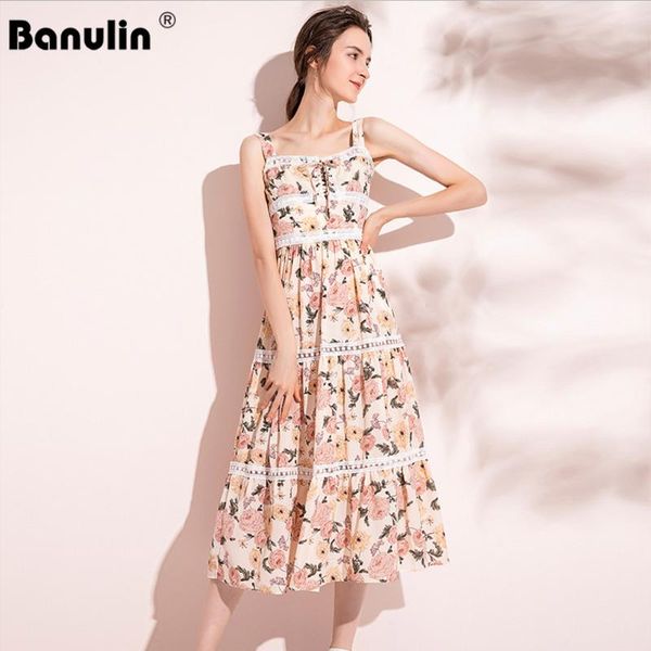 

banulin summer runway spaghetti strap dress lace patchwork floral print strapless vintage ladies vacation midi dresses vestoidos casual, Black;gray