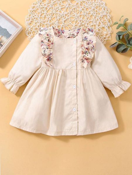 

baby contrast floral ruffle trim flounce sleeve dress she, Red;yellow