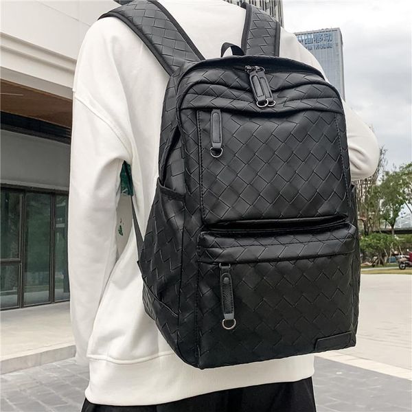 

design braided leather men backpack fashion solid school bags for teenager boy's casual black backpacks