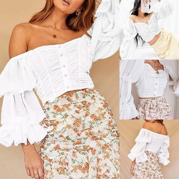 

solid color tube one-word collar pleated flared sleeves off-shoulder short lace tight-fitting fashion women's t-shirt, White