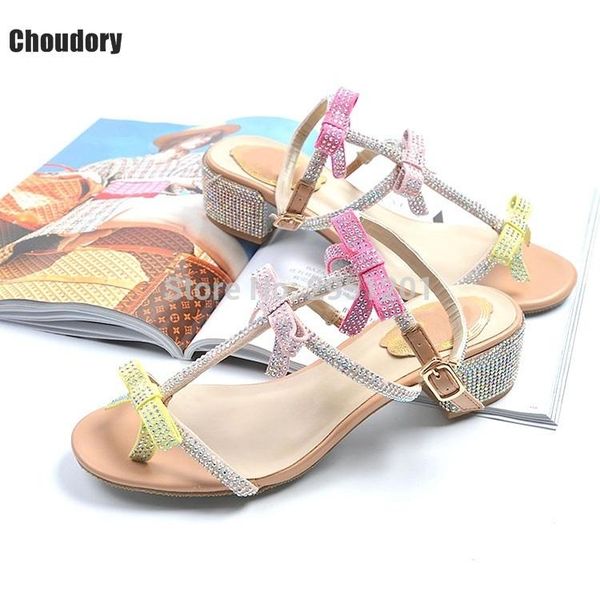 

fashion crystal butterfly-knot gladiator sandals women chunky heel rhinestone sweet silver color bow tie rivets shoes, Black