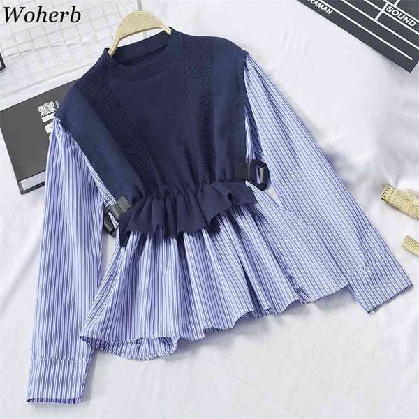 

wohherb knitted cape patchwork blouse women korean chic fake two pieces set ladies causal office streetwear knit pullover 210922, White;black