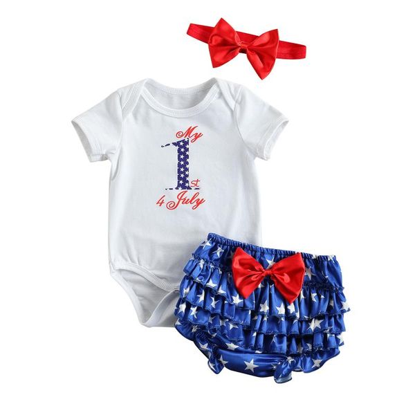 

independence day infant baby girl boys clothes sets letter printed short sleeve romper shorts headband 0-24m clothing, White