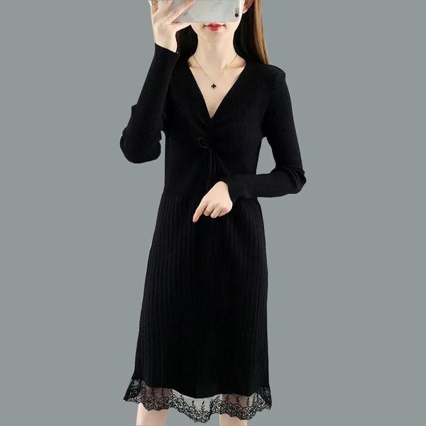 

casual dresses 2021 long sleeve knitting sling gauze lace tulle dress women tunic basic mesh stitching vintage, Black;gray