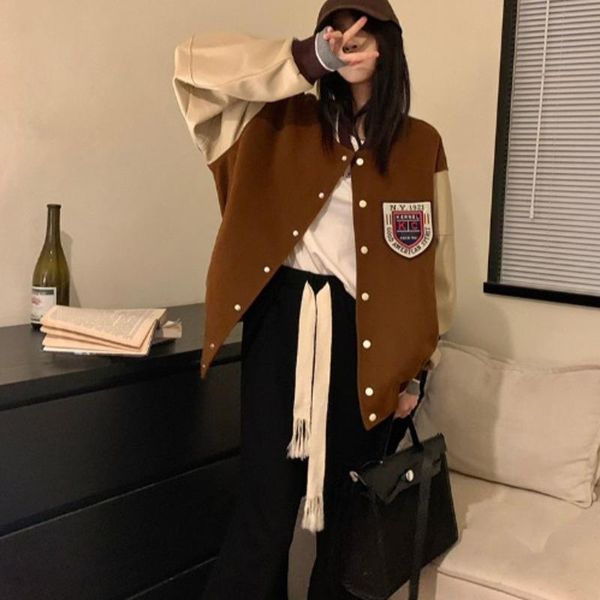 

women's jackets college style contrast color stitching pu leather label baseball jacket autumn winter bf loose long sleeve women, Black;brown