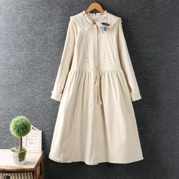 

casual dresses japan mori girl vintage cottagecore dress sweet lolita ruffle lapel solid corduroy cotton loose for women autumn vestidos, Black;gray