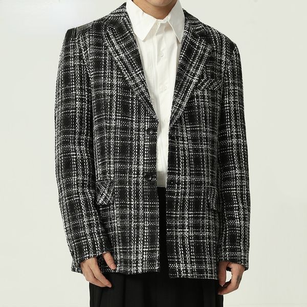 

iefb menswear korean woolen plaid blazer men's autumn witner 2021 new nloose single breasted long sleeve suit jacket male tide, White;black