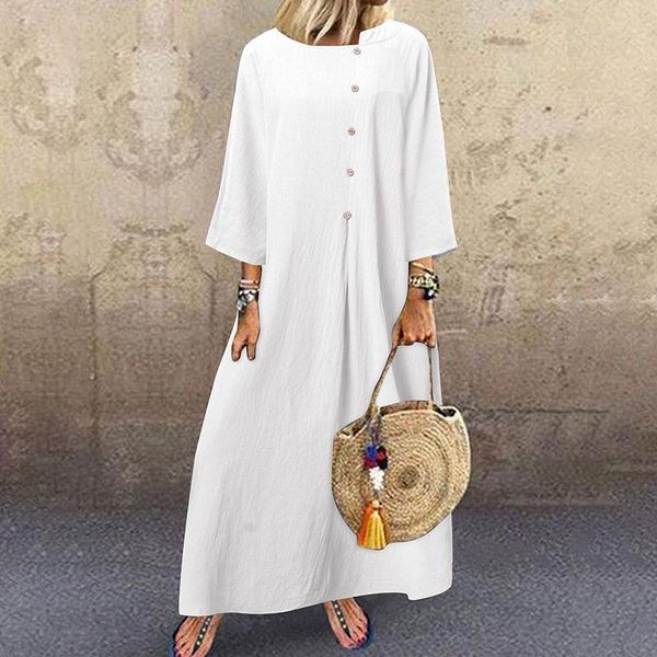 

casual dresses women vintage dress autumn o neck 3/4 sleeve loose sundress zanzea 2021 fashion solid party vestidos oversized robe femme, Black;gray