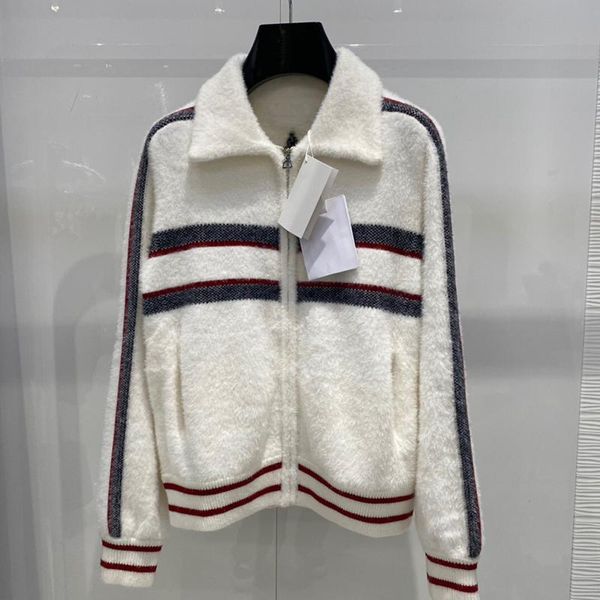 

women's jackets 2021 autumn fashion soft white contrast striped fluffy jacket women lapel zip-up casual thread hem coat lady, Black;brown