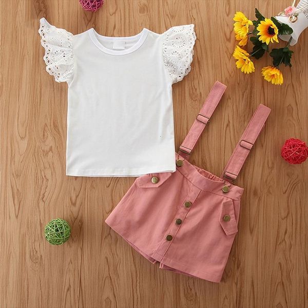 

fashion girls summer set baby children clothing flying sleeve braces skirt 2pcs toddler kids casual clothes suit, White