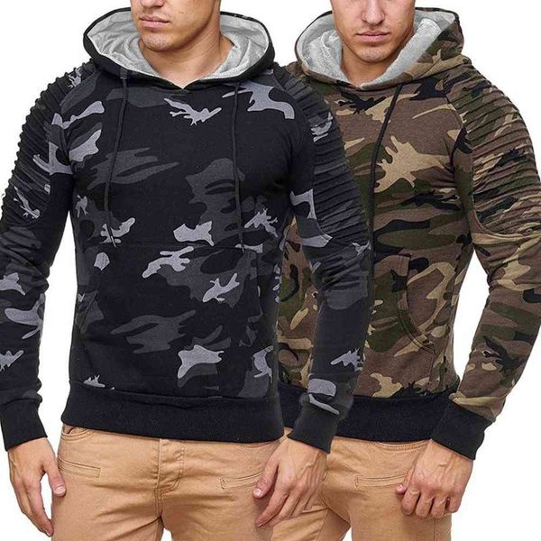 

men's hoodies & sweatshirts mens tee camouflage hooded slim casual spring winter raglan sleeve t shirt, Black