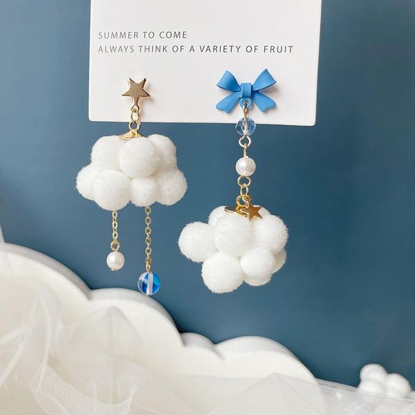 

stud asymmetric white cloud earrings pompons cute blue bow girlish heart ear studs hole sweet cotton clould pom ball, Golden;silver