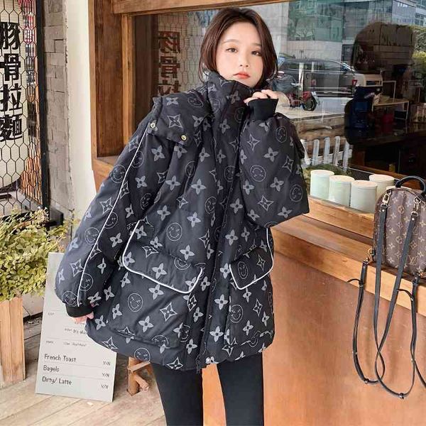 

21 new print reflective korean down jacket women's short loose hooded luminous white duck, Black