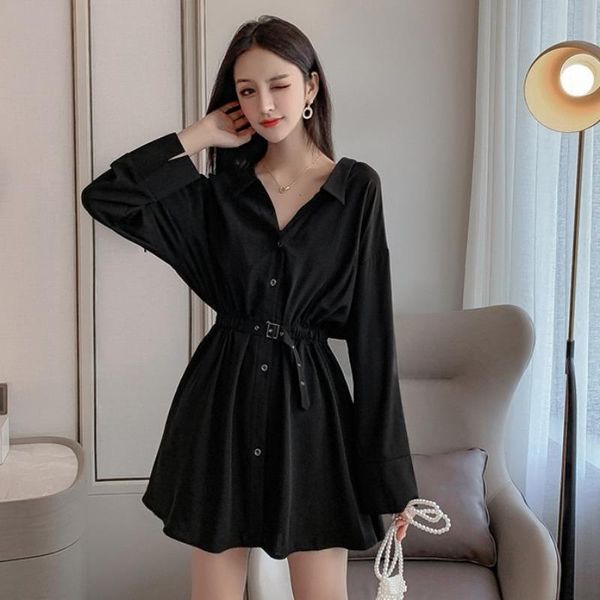 

casual dresses goohojio 2021 temperament v-neck ladies shirt dress vintage black club party female autumn long sleeve women, Black;gray